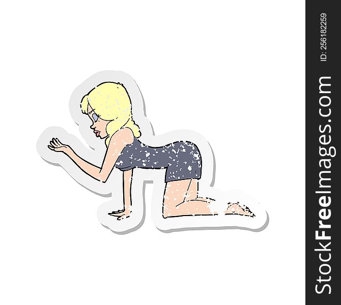 Retro Distressed Sticker Of A Cartoon Woman On All Fours