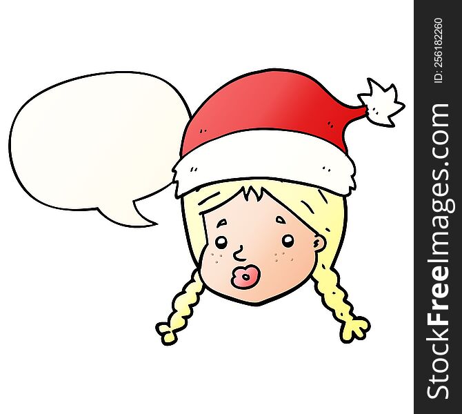 cartoon girl wearing christmas hat with speech bubble in smooth gradient style