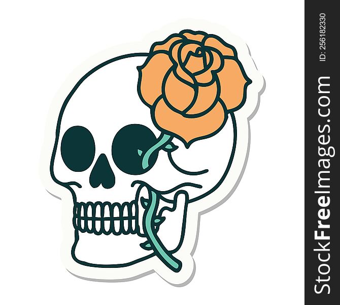 sticker of tattoo in traditional style of a skull and rose. sticker of tattoo in traditional style of a skull and rose
