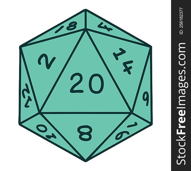 iconic tattoo style image of a d20 dice. iconic tattoo style image of a d20 dice