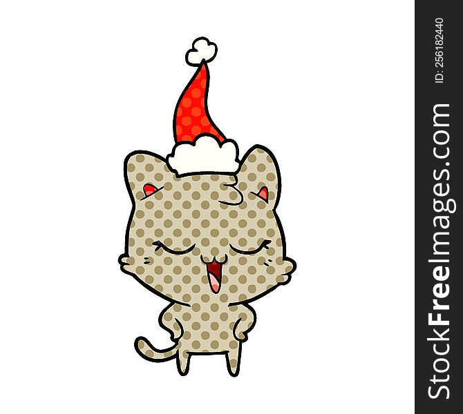 Happy Comic Book Style Illustration Of A Cat Wearing Santa Hat