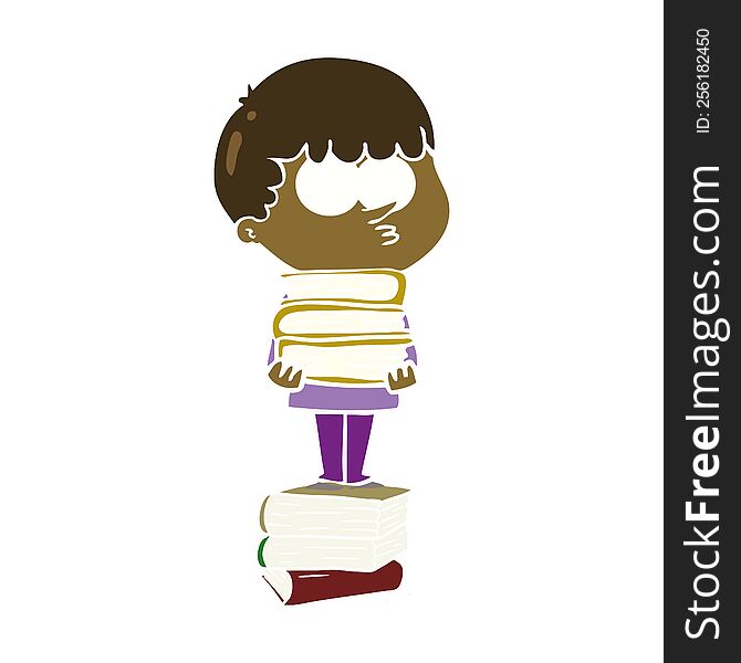 flat color style cartoon curious boy with lots of books