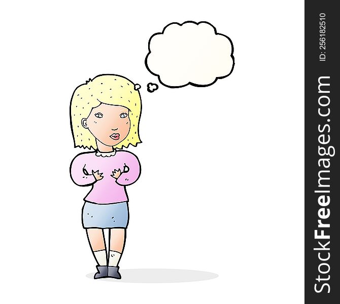 cartoon woman making excuses with thought bubble