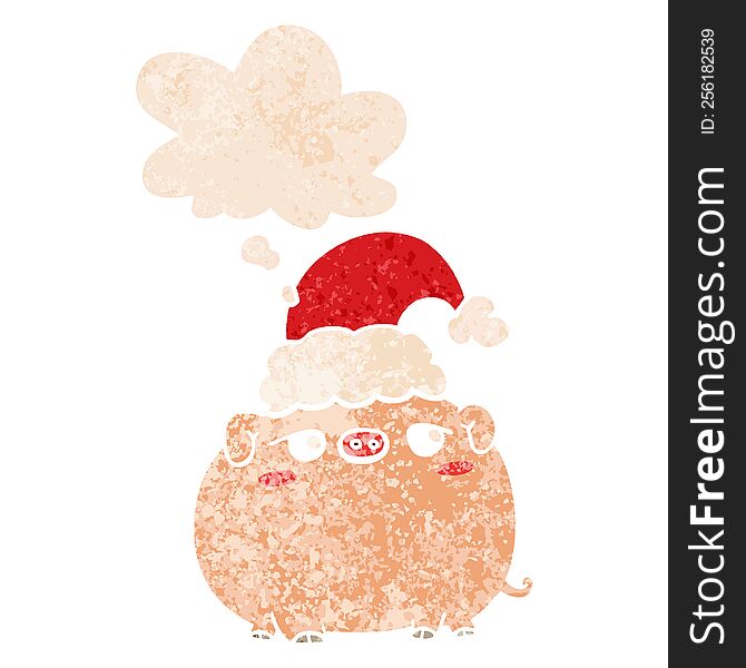 Cartoon Pig Wearing Christmas Hat And Thought Bubble In Retro Textured Style