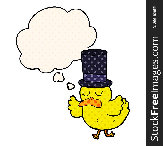cartoon duck wearing top hat with thought bubble in comic book style