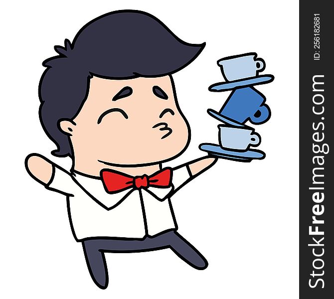 Cartoon Of A Kawaii Cute Waiter