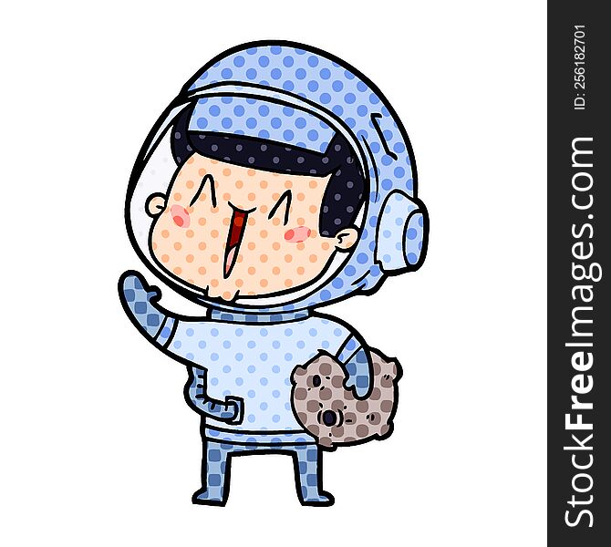 happy cartoon astronaut with moon rock. happy cartoon astronaut with moon rock