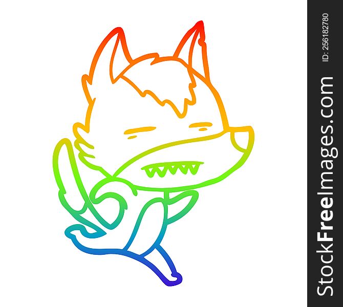 rainbow gradient line drawing of a cartoon wolf running showing teeth