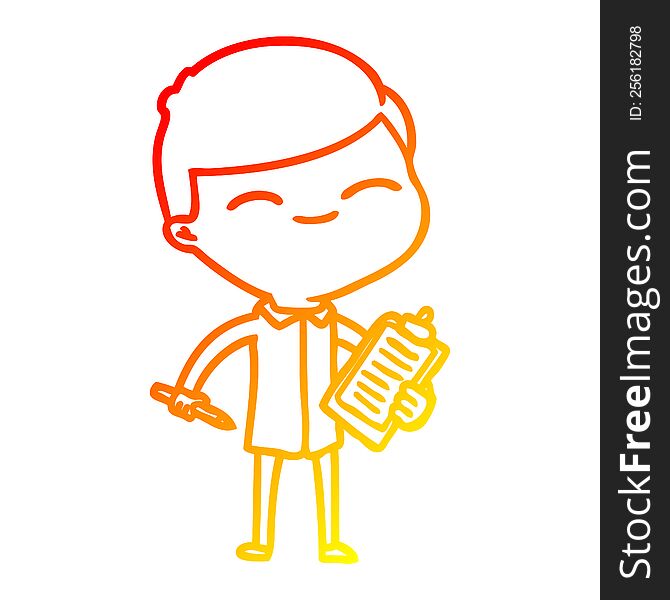 warm gradient line drawing of a cartoon smiling man with clip board