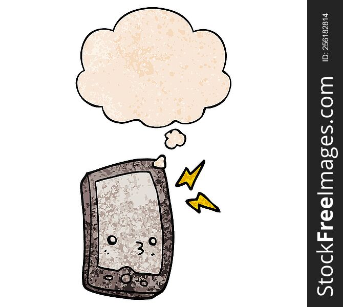Cartoon Mobile Phone And Thought Bubble In Grunge Texture Pattern Style