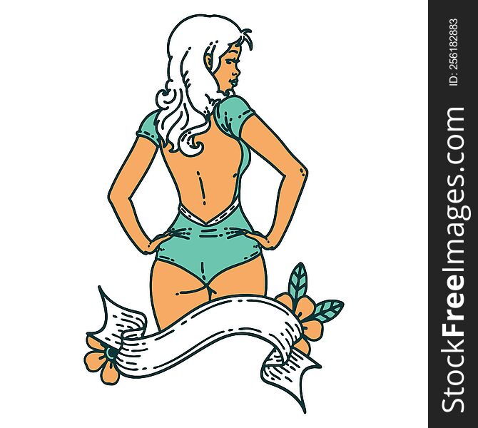 tattoo in traditional style of a pinup swimsuit girl with banner. tattoo in traditional style of a pinup swimsuit girl with banner
