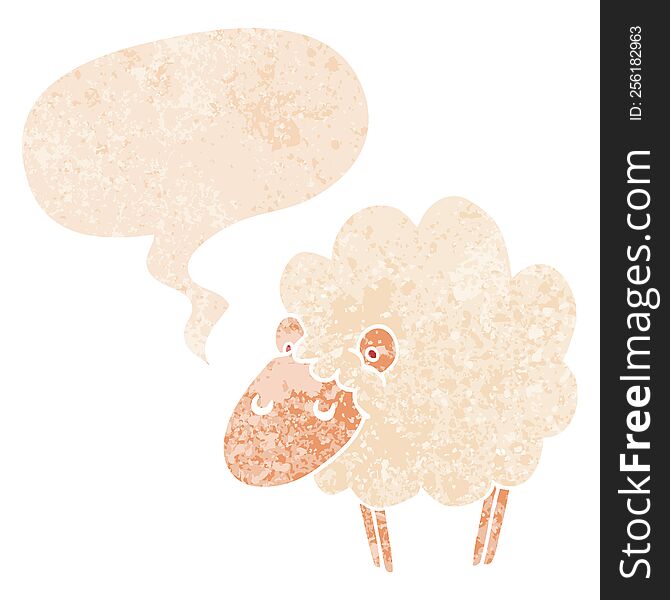 cartoon sheep and speech bubble in retro textured style