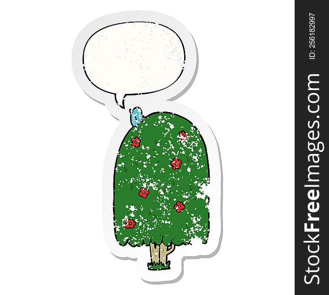 Cartoon Tall Tree And Speech Bubble Distressed Sticker