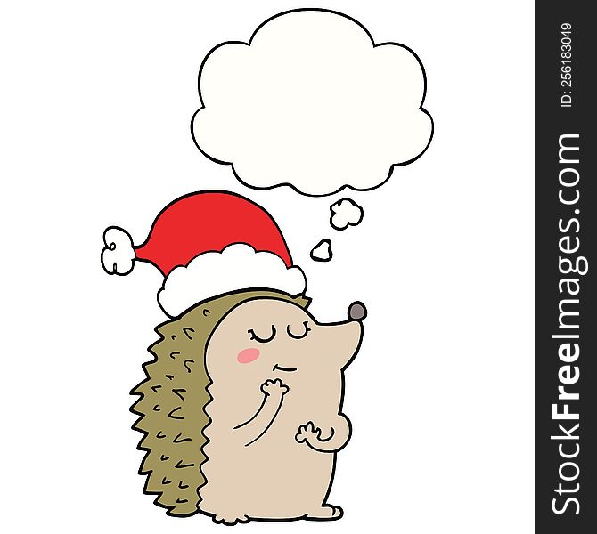 cartoon hedgehog wearing christmas hat with thought bubble