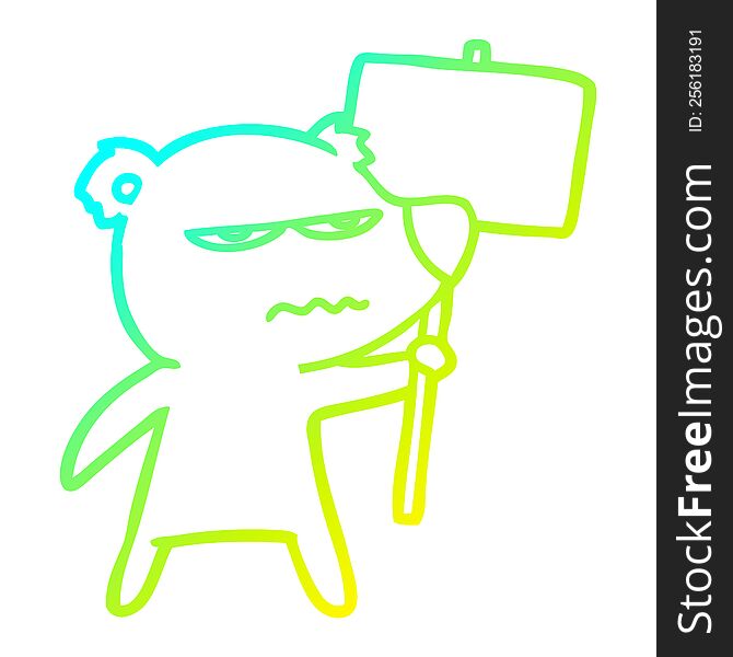 cold gradient line drawing of a angry bear cartoon holding placard