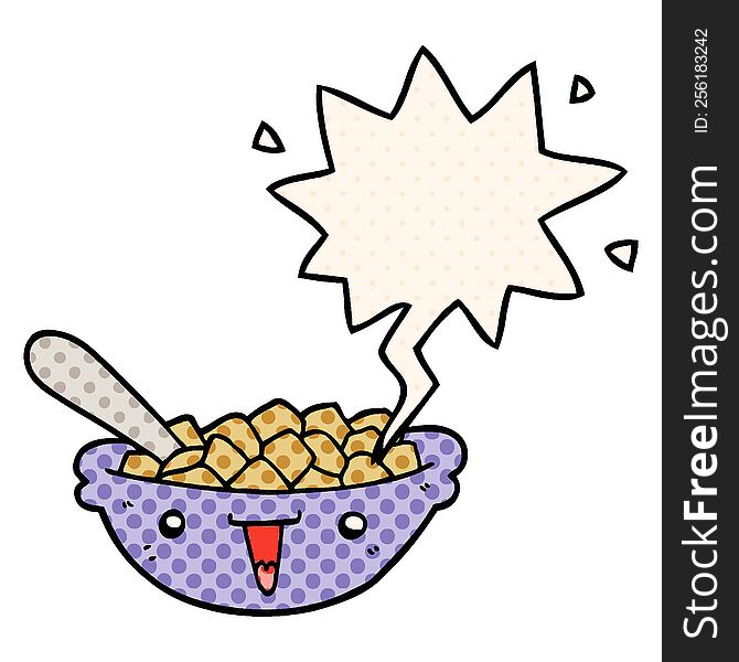 Cute Cartoon Bowl Of Cereal And Speech Bubble In Comic Book Style
