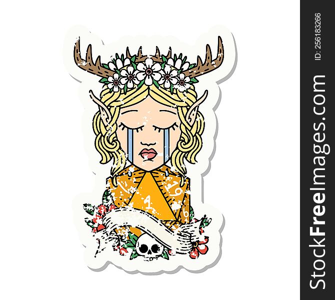 Crying Elf Druid Character Face With Natural One D20 Dice Roll Grunge Sticker