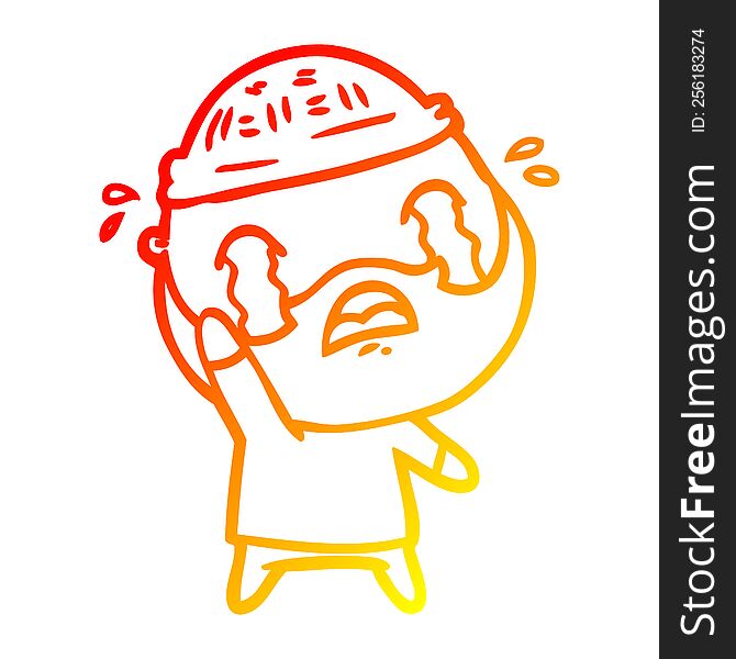 warm gradient line drawing of a cartoon bearded man crying waving goodbye