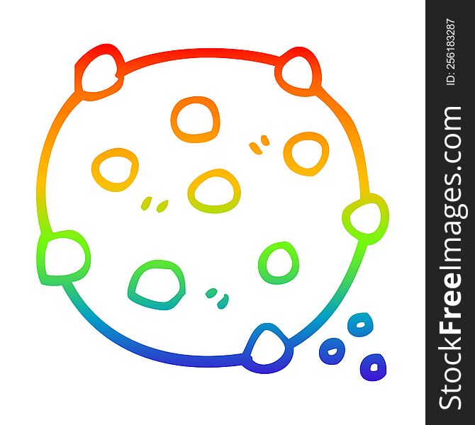 rainbow gradient line drawing of a cartoon chocolate chip cookie