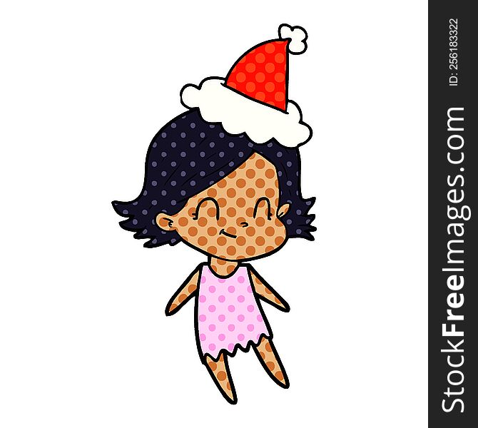 hand drawn comic book style illustration of a friendly girl wearing santa hat