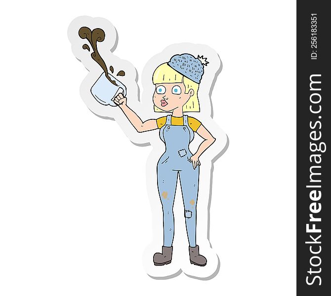 sticker of a cartoon female worker with coffee mug