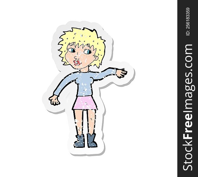Retro Distressed Sticker Of A Cartoon Friendly Woman Waving