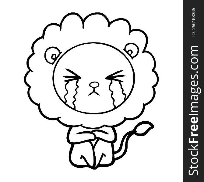 cartoon crying lion sitting huddled up. cartoon crying lion sitting huddled up