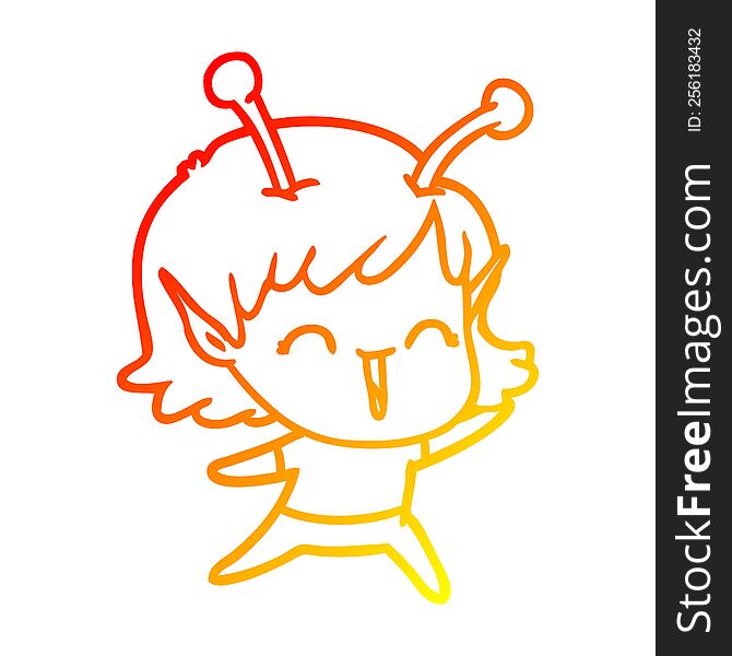 warm gradient line drawing of a cartoon alien girl laughing