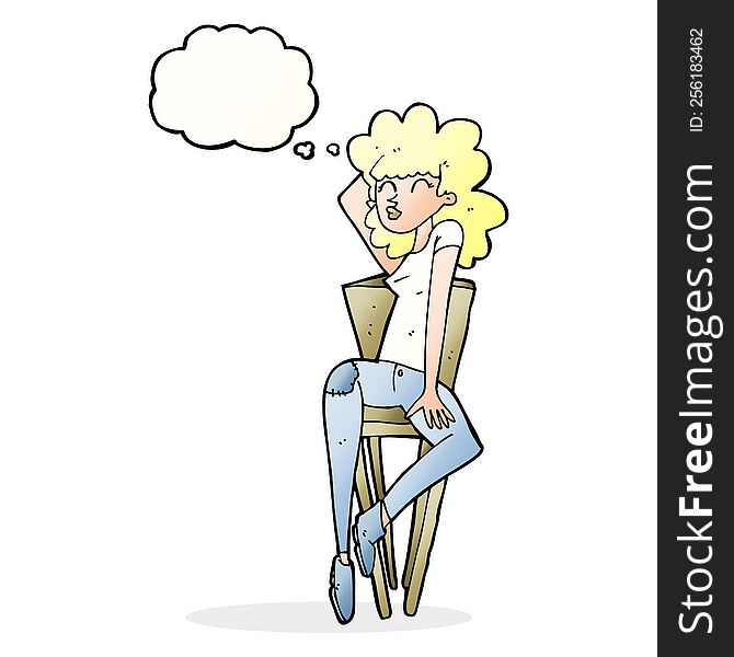 Cartoon Woman Posing On Chair With Thought Bubble