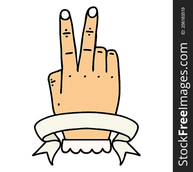 Retro Tattoo Style victory v hand gesture with banner. Retro Tattoo Style victory v hand gesture with banner