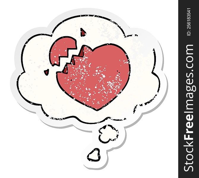 cartoon broken heart with thought bubble as a distressed worn sticker