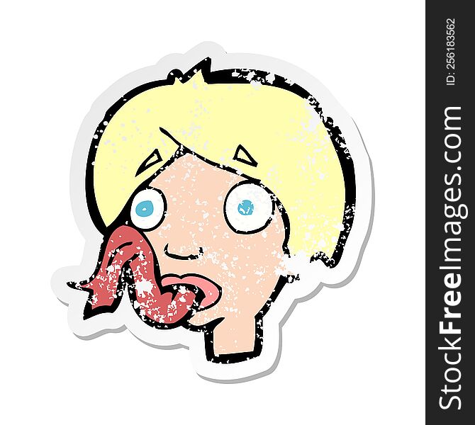 retro distressed sticker of a cartoon head sticking out tongue