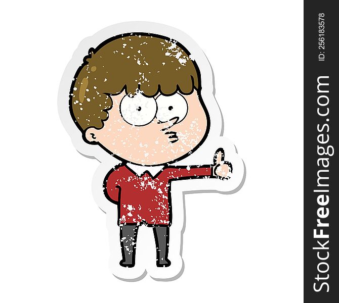 distressed sticker of a cartoon curious boy giving thumbs up sign