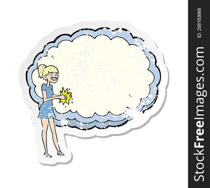 retro distressed sticker of a woman with text space cloud