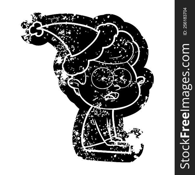 Cartoon Distressed Icon Of A Staring Man Wearing Santa Hat