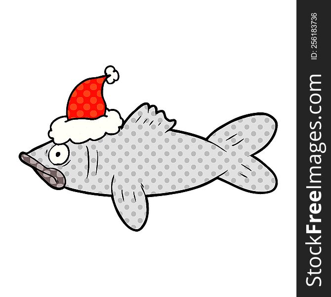 Comic Book Style Illustration Of A Fish Wearing Santa Hat