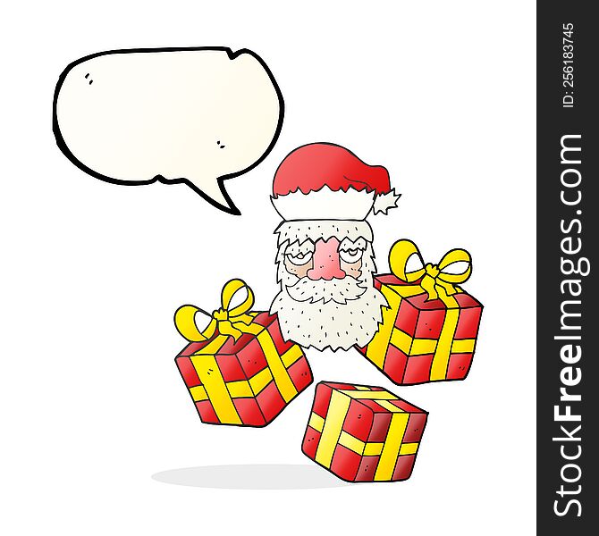 freehand drawn speech bubble cartoon tired santa claus face with presents