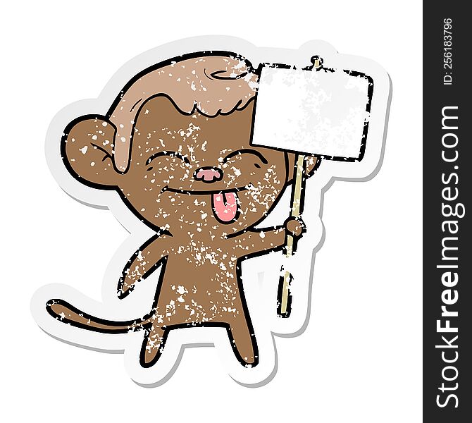 Distressed Sticker Of A Funny Cartoon Monkey With Placard