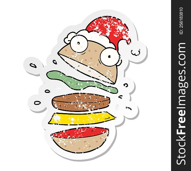 hand drawn distressed sticker cartoon of a amazing burger wearing santa hat