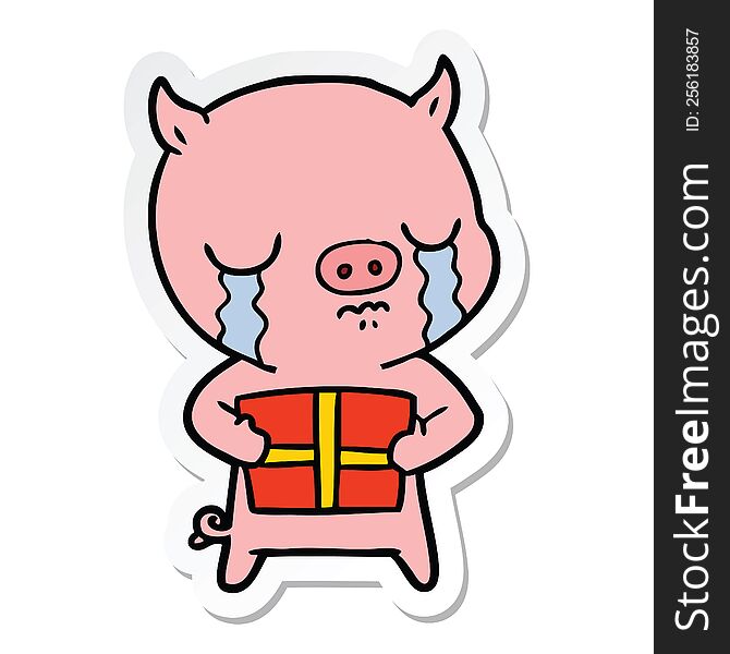 Sticker Of A Cartoon Pig Crying Over Christmas Present