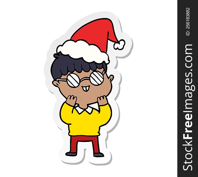 hand drawn sticker cartoon of a boy wearing spectacles wearing santa hat