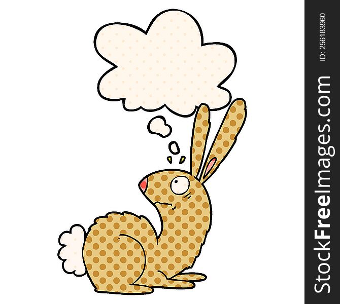 Cartoon Startled Bunny Rabbit And Thought Bubble In Comic Book Style