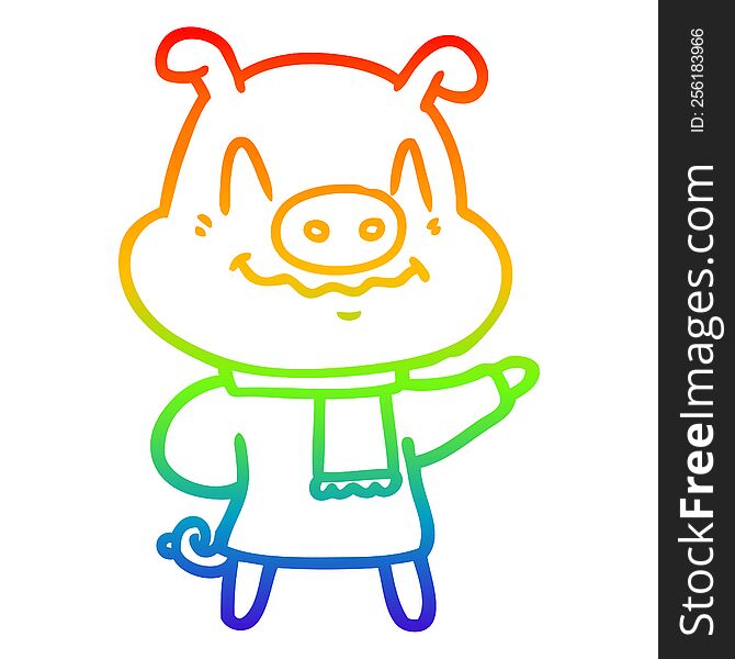 rainbow gradient line drawing of a nervous cartoon pig wearing scarf