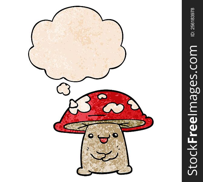 Cartoon Mushroom Character And Thought Bubble In Grunge Texture Pattern Style