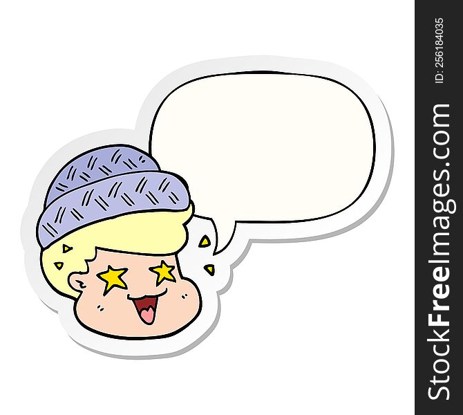cartoon boy wearing hat with speech bubble sticker