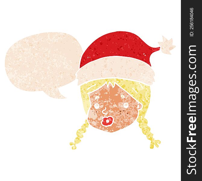 cartoon girl wearing christmas hat and speech bubble in retro textured style