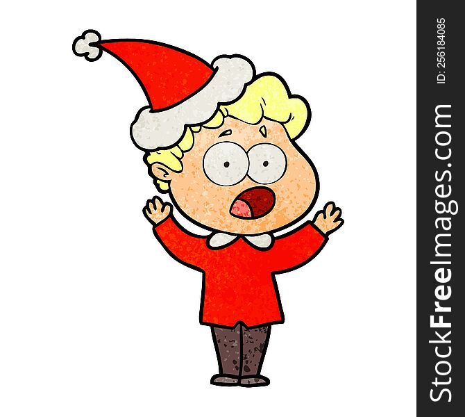 hand drawn textured cartoon of a man gasping in surprise wearing santa hat