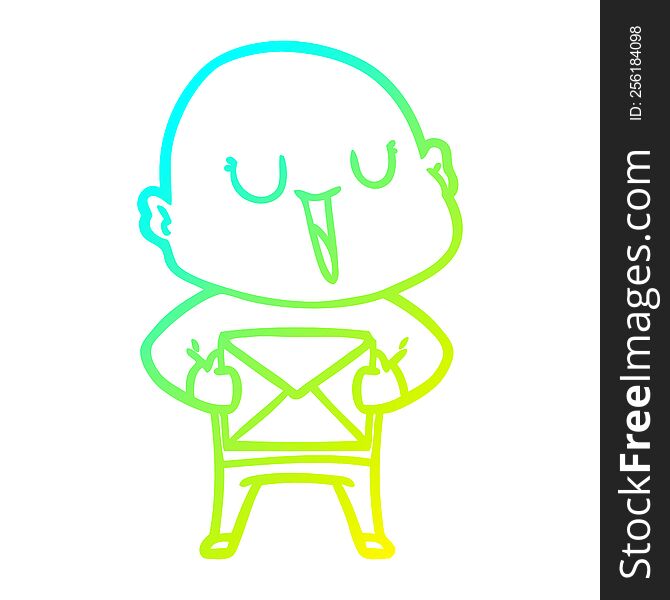 cold gradient line drawing of a happy cartoon bald man with package