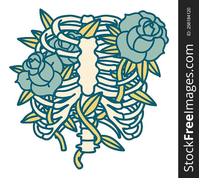 iconic tattoo style image of a rib cage and flowers. iconic tattoo style image of a rib cage and flowers