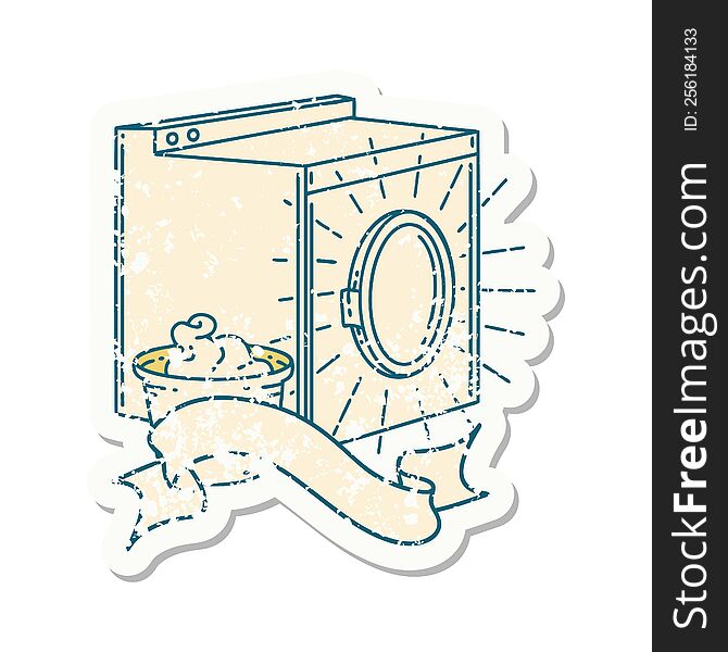 worn old sticker of a tattoo style washing machine. worn old sticker of a tattoo style washing machine